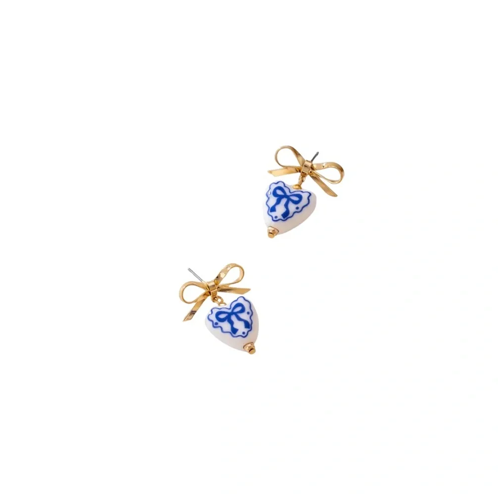 NEW Blue Toile Gold Porcelain Earrings